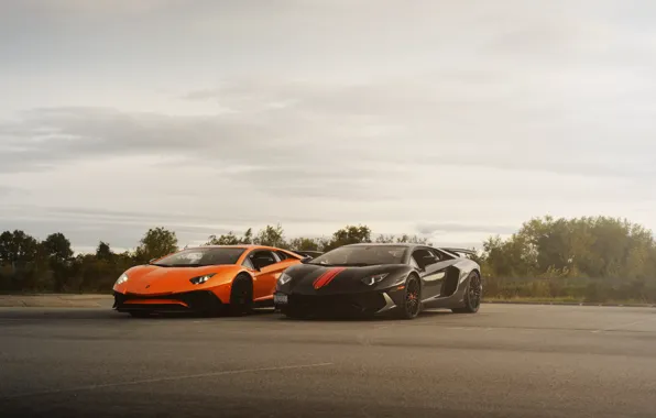 Lamborghini, black, orange, aventador sv