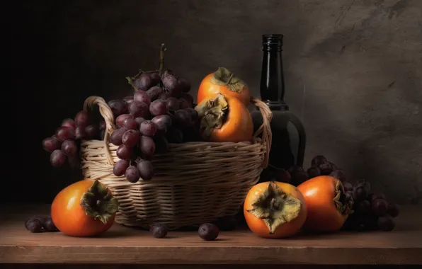 Background, bottle, grapes, still life, basket, persimmon, Maxim Vyshar