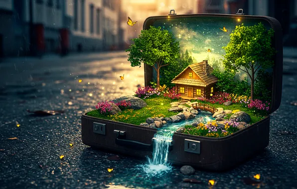 The city, street, art, suitcase, miniature