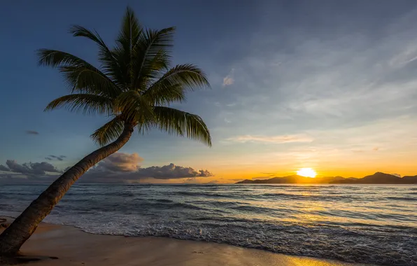 Sand, sea, wave, beach, the sky, the sun, clouds, sunset