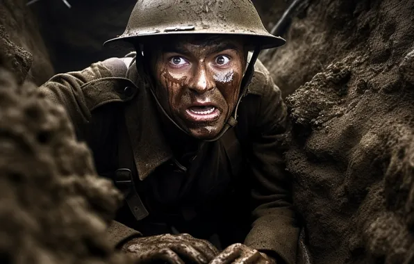 Look, Dirt, Soldiers, Fear, Male, Digital art, Helmet, AI art