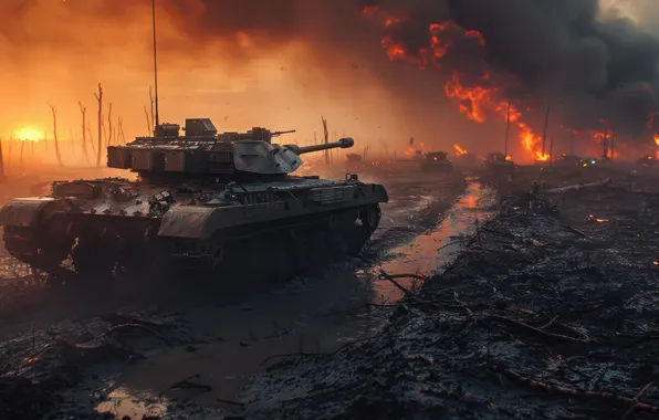 Picture Smoke, Fire, Dawn, Dirt, Tank, Digital art, Back, AI art