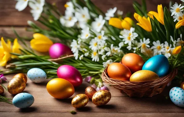 Flowers, eggs, spring, colorful, Easter, happy, flowers, spring