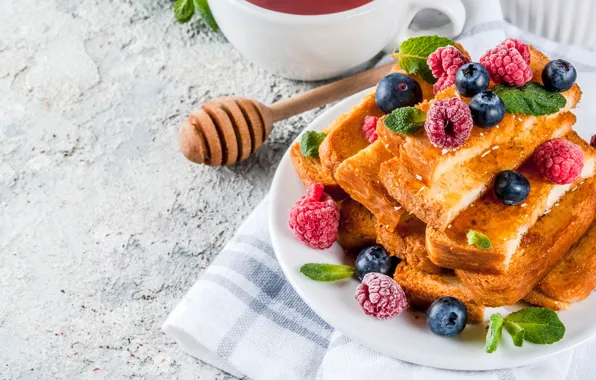 Berries, raspberry, Breakfast, blueberries, honey, plate, bread, toast