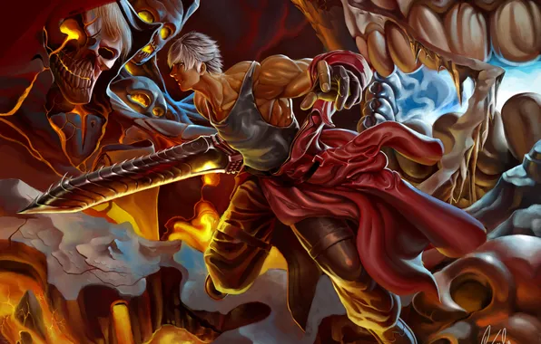 Skull, sword, art, monsters, lava, battle, guy, devil may cry