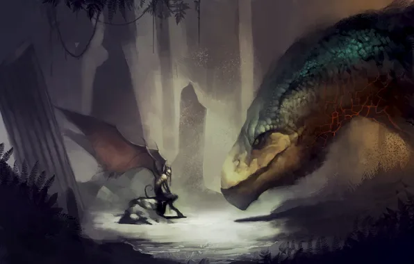 Picture forest, dragon, dark, meeting, wings, the demon