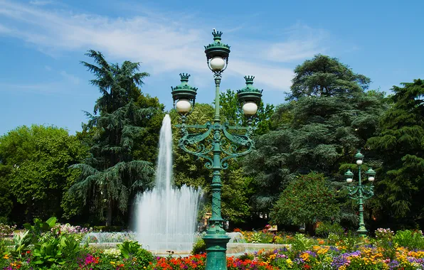 Trees, flowers, France, fountain, the bushes, lamps, Toulouse, square Boulingrin