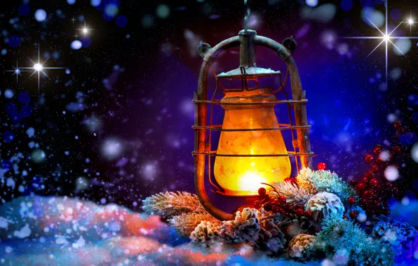 Snow, night, New Year, Christmas, lantern, Christmas, New Year, decoration