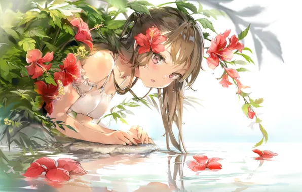 Girl, flower in hair, over the water, red flowers, hibiscus, white sundress