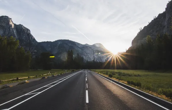 The sun, Nature, Road, Mountains, Trees