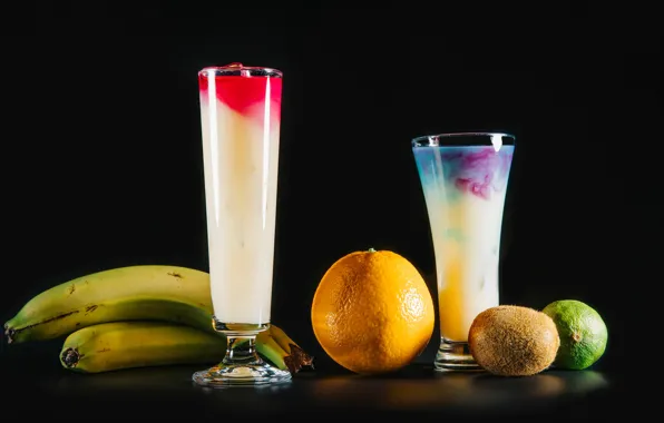 Orange, kiwi, glasses, bananas, fruit, black background, cocktails