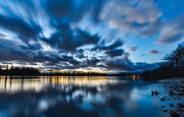 Picture the sky, water, clouds, trees, sunset, lake, surface, reflection