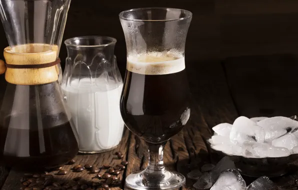 Board, glass, coffee, ice, milk, Bank, coffee beans, foam