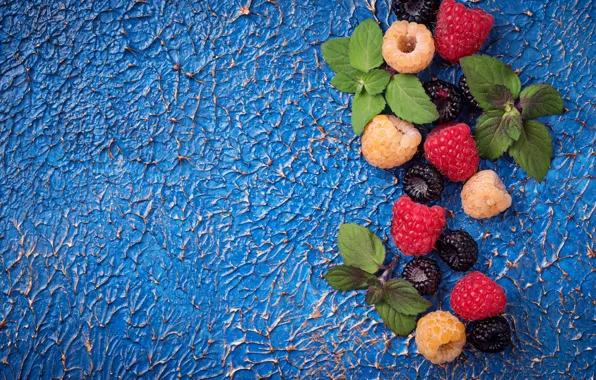 Raspberry, berry, mint, blue background