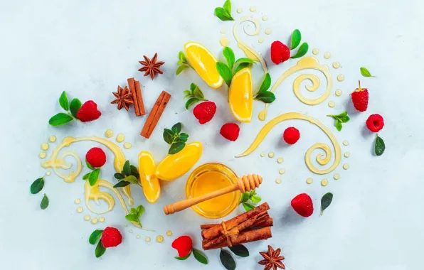 Picture leaves, raspberry, pattern, lemon, food, honey, still life, cinnamon