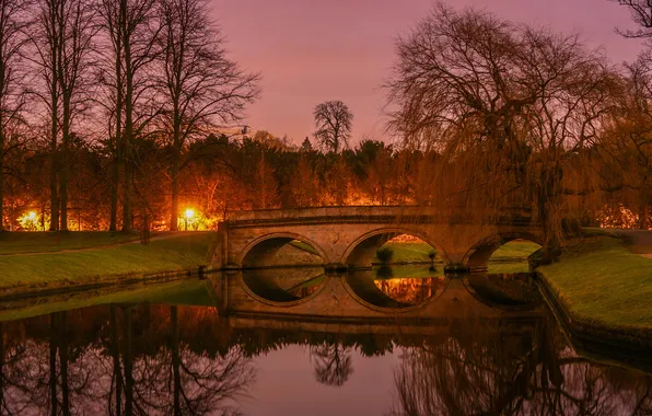 Autumn, trees, bridge, lights, reflection, arch, pond, viaduct