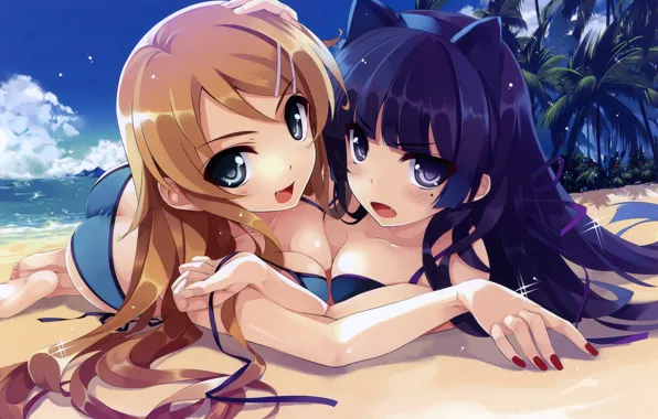 Palm trees, beach, sand, sea, swimsuit, ears, panty & stocking with garterbelt, ears