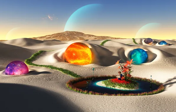 The sky, desert, planet, island, color, oasis, sphere