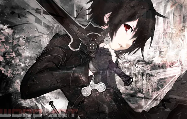 Picture look, sword, black hair, Sword Art Online, Kirito, black cloak