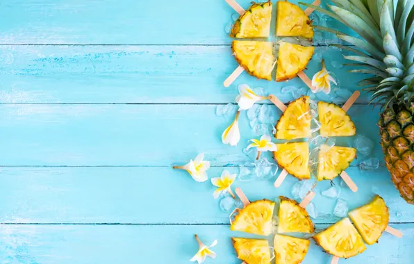 Picture summer, fruit, pineapple, fresh, wood, slices, flowers, fruit