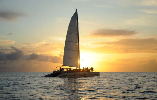 Sunset, people, the ocean, boat, the evening, sail, party, silhouettes