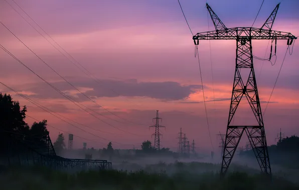 Picture sunset, fog, wire, tower, twilight, power lines, Power transmission line