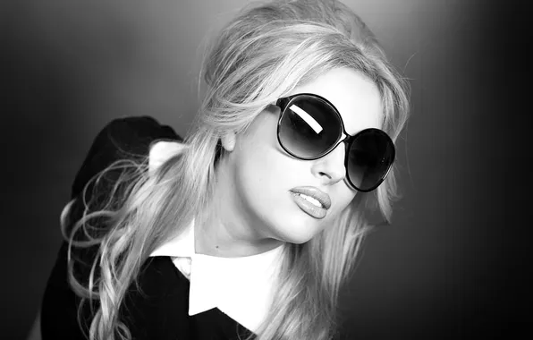 BLONDE, GLASSES, FACE, Black and WHITE, PORTRAIT