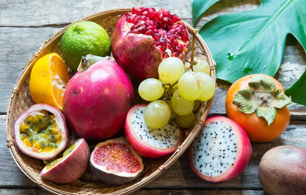 Orange, grapes, lime, fruit, garnet, persimmon, figs, pitahaya