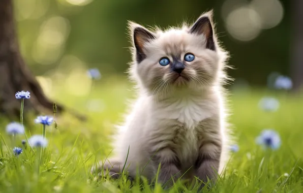 Greens, cat, summer, grass, look, flowers, pose, kitty