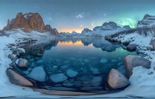 Winter, the sky, stars, snow, landscape, mountains, night, lake