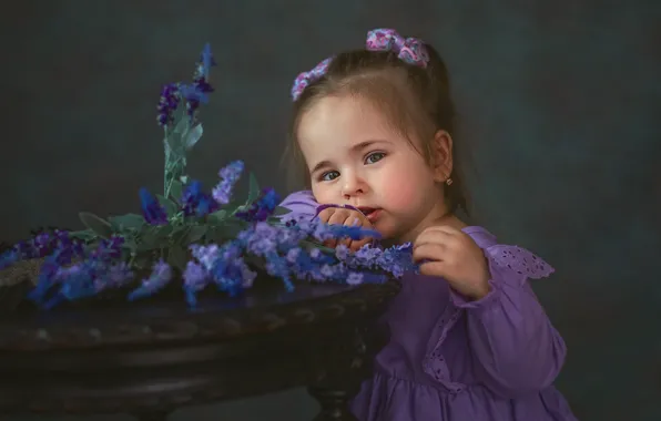 Picture look, flowers, girl, baby, table, child, Irina Larina