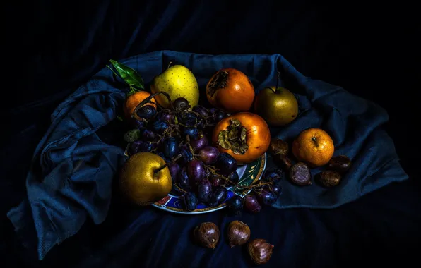 Blue, the dark background, apples, food, grapes, fabric, fruit, black background