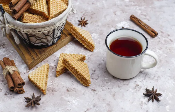 Tea, cinnamon, carnation, waffles