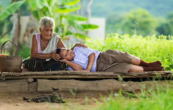 Man, child, asian, villager