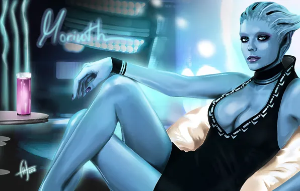 Girl, pose, bar, drink, Mass Effect, Azari, Morinth