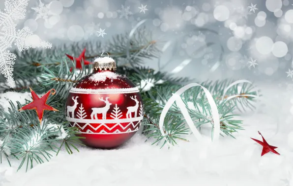 Picture decoration, balls, new year, stars, decor, spruce branch