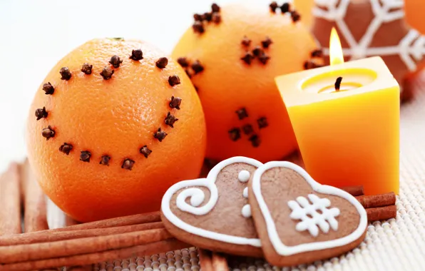Candles, New year, Orange, Holidays, Cinnamon, Treat