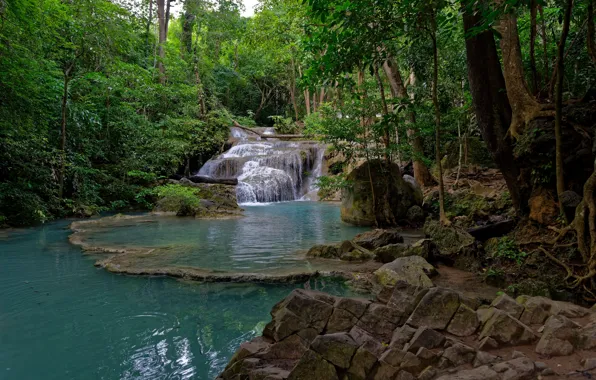 Picture stream, stones, waterfall, Thailand, Erawan National park