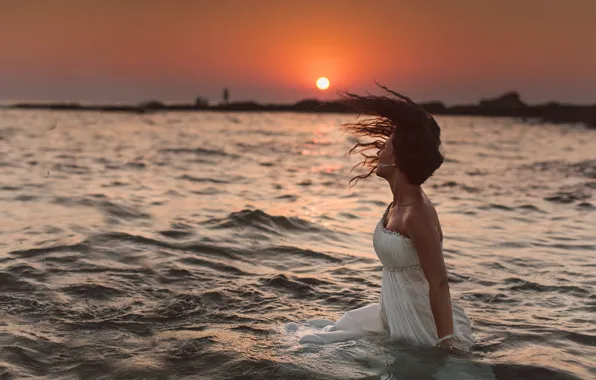 Water, girl, sunset