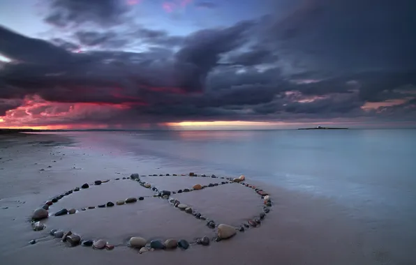 Sea, landscape, sunset, stones, sign