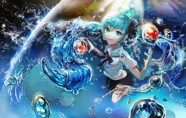 Picture girl, fish, smile, bubbles, anime, art, form, schoolgirl