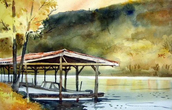 Picture nature, river, watercolor