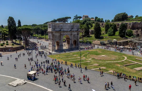 Picture the sky, trees, people, area, Rome, Italy, view from the Colosseum, Palatine
