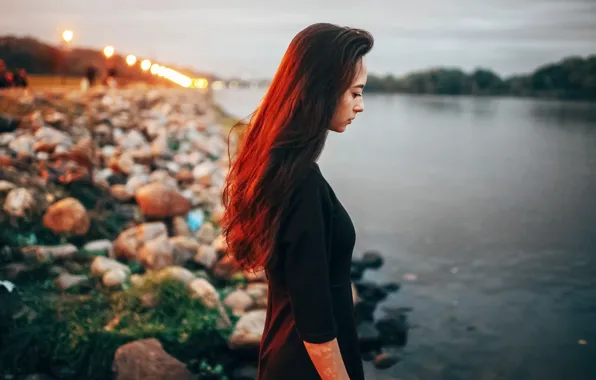 Girl, light, river, hair, promenade