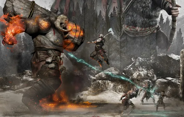 Picture forest, warrior, monster, fight, God of War 4