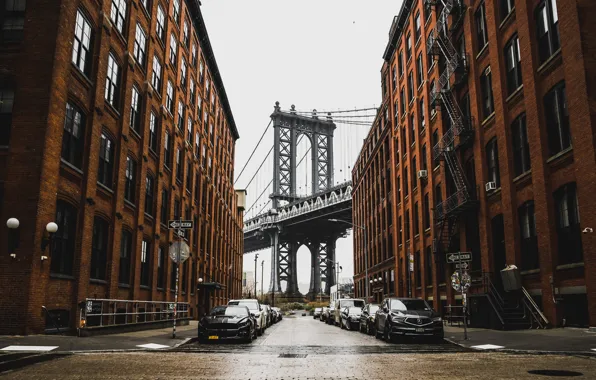 Bridge, city, the city, street, home, New York, the evening, Brooklyn
