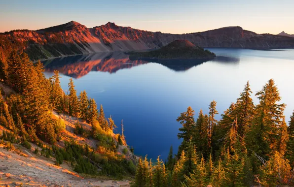 Autumn, forest, light, mountains, lake, shore, the slopes, view