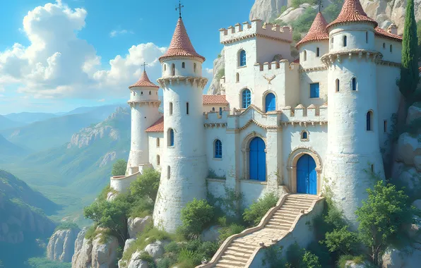 Clouds, mountains, blue, castle, height, fantasy, tower, AI art