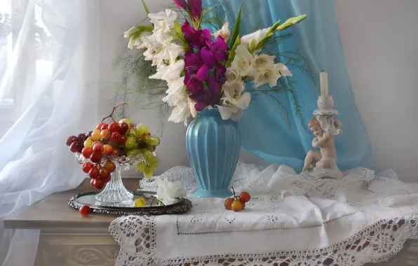 Flowers, table, candle, bouquet, grapes, vase, figurine, still life