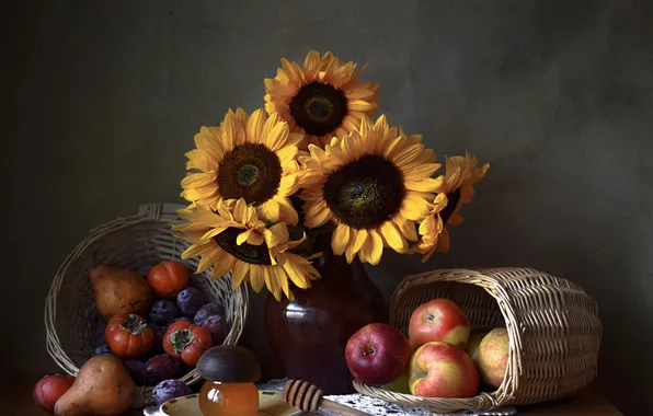 Sunflowers, flowers, the dark background, table, apples, honey, red, vase